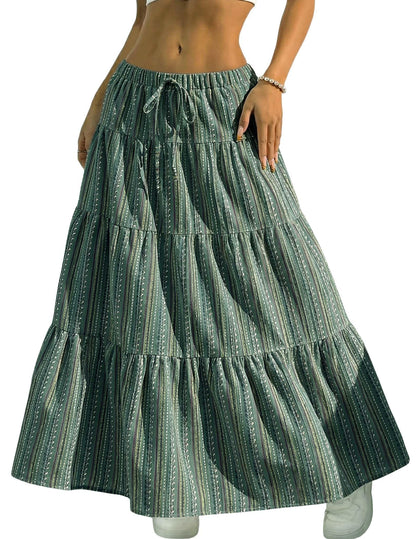 DERAX Women's Boho Flowy White Maxi Skirt Ruffle Elastic Waist Long Skirts