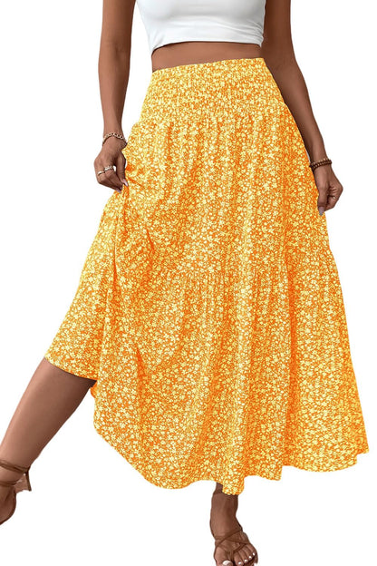 Women's Boho Maxi Skirt Floral Smocked High Waist Long Skirts with Pockets