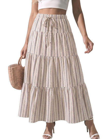 DERAX Women's Boho Flowy White Maxi Skirt Ruffle Elastic Waist Long Skirts