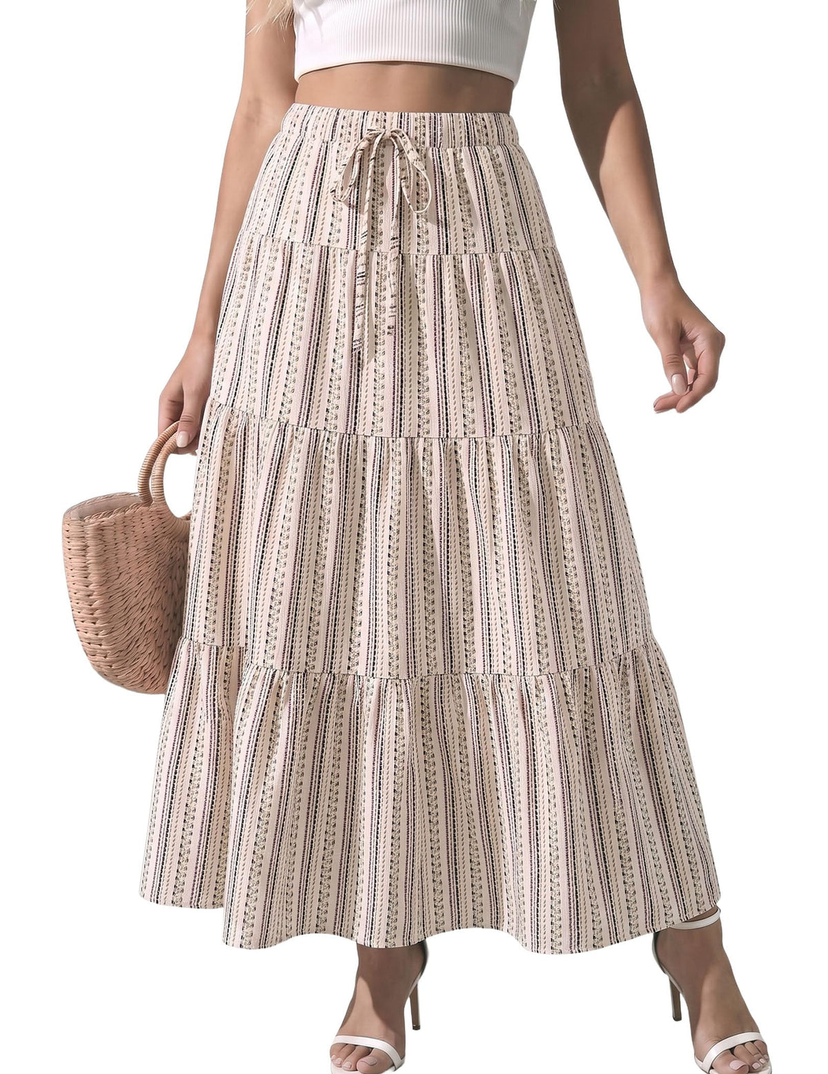 DERAX Women's Boho Flowy White Maxi Skirt Ruffle Elastic Waist Long Skirts