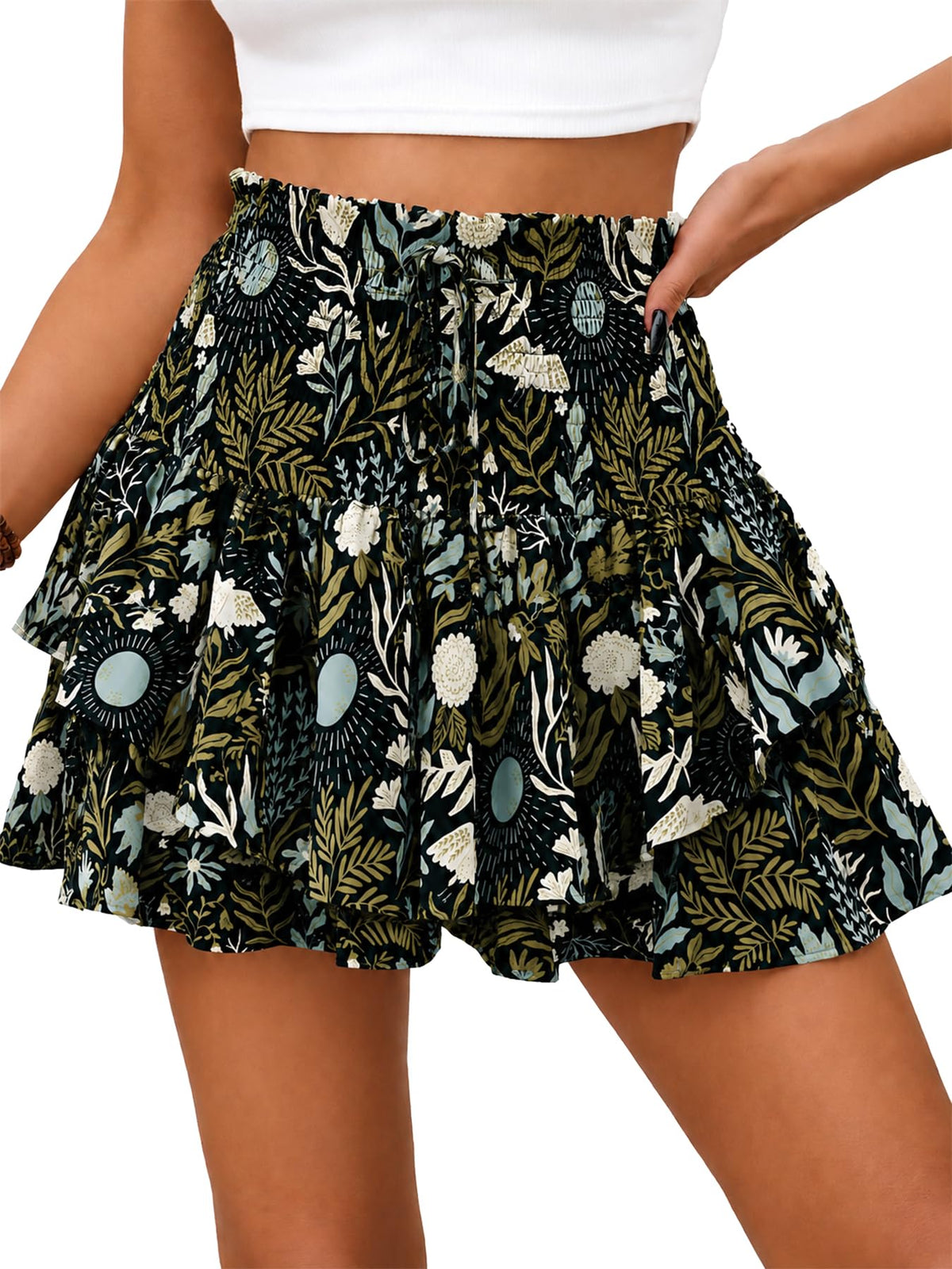 Women's Floral Skort, High Waisted Flowy Ruffle Mini Skirt with Shorts