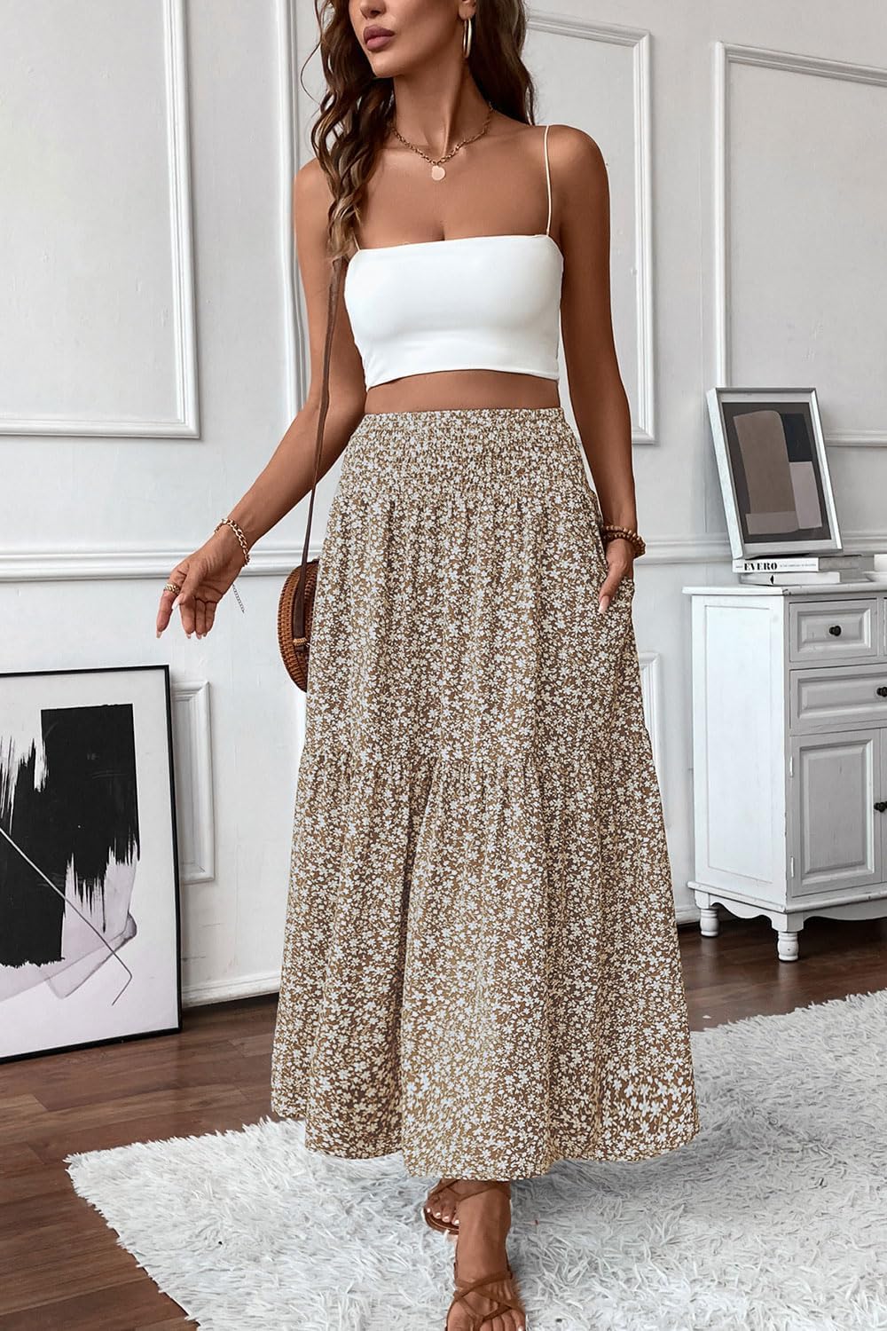 Women's Boho Maxi Skirt Floral Smocked High Waist Long Skirts with Pockets