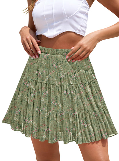 Boho Floral Flowy Mini Skirt Chiffon High Waist Tiered Pleated Short Skirts