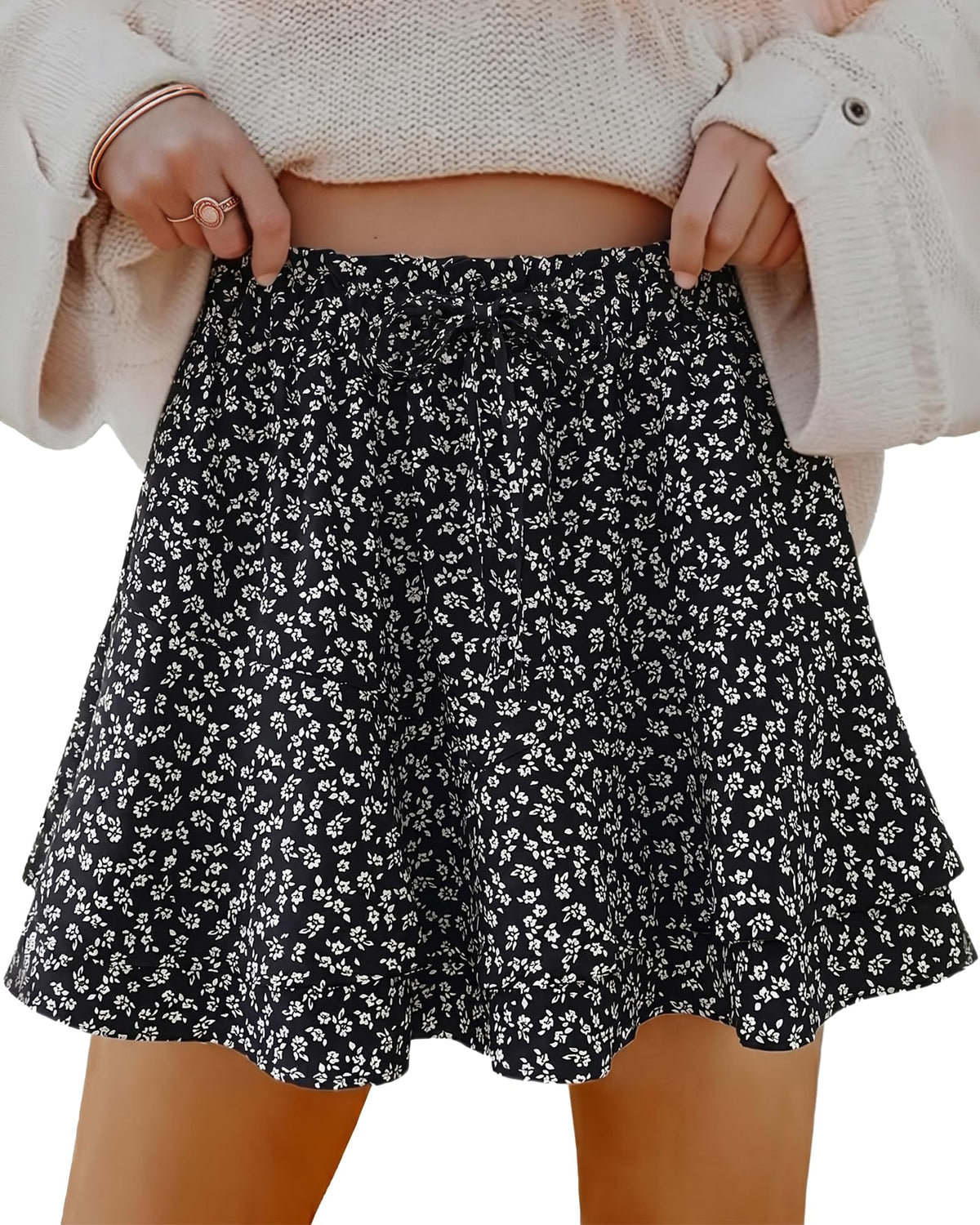 Mini Skirts Skorts for Women Floral with Pocket Flowy Chiffon Ruffle Skorts Boho Casual Beach Skirt with Shorts Underneath