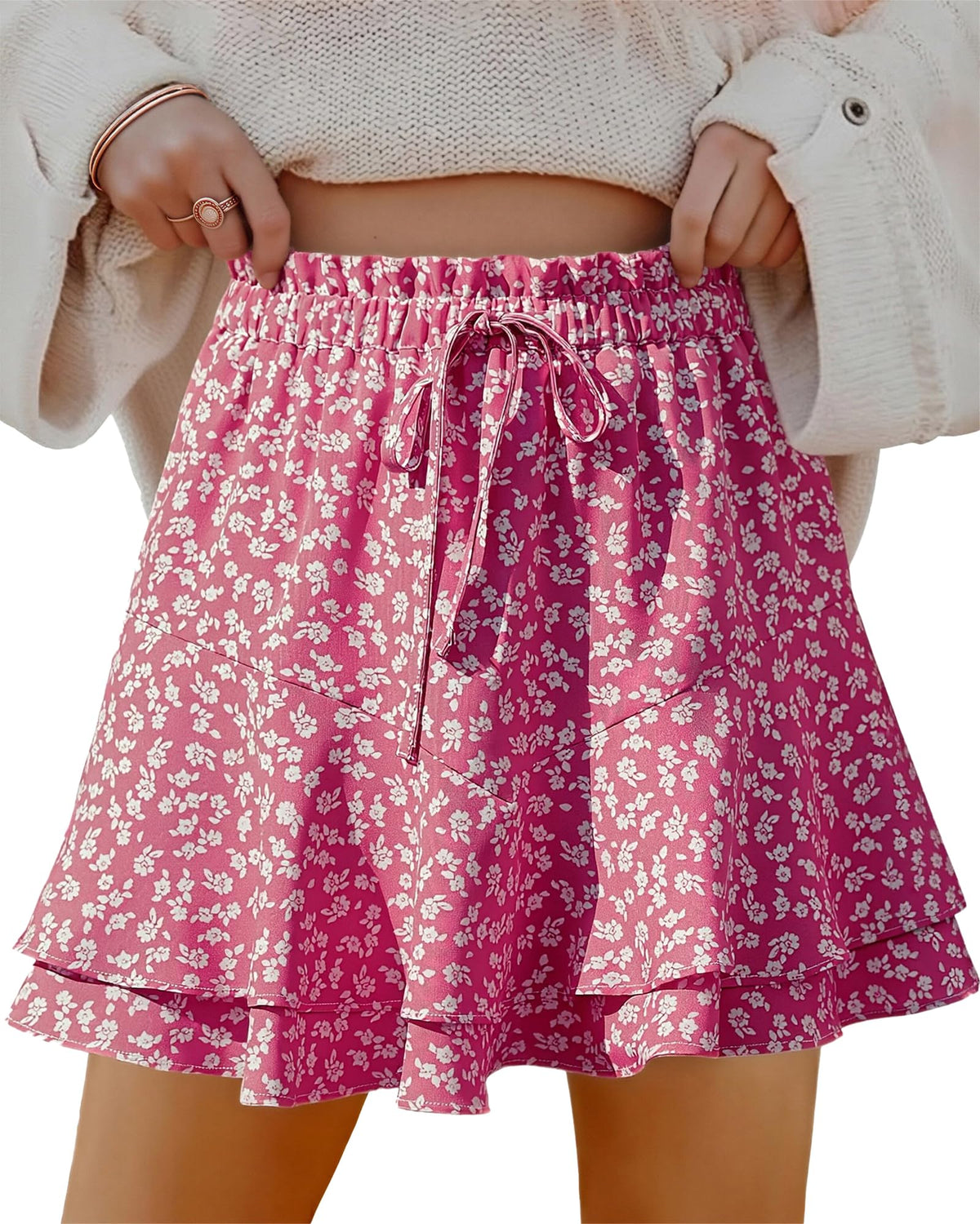 Mini Skirts Skorts for Women Floral with Pocket Flowy Chiffon Ruffle Skorts Boho Casual Beach Skirt with Shorts Underneath