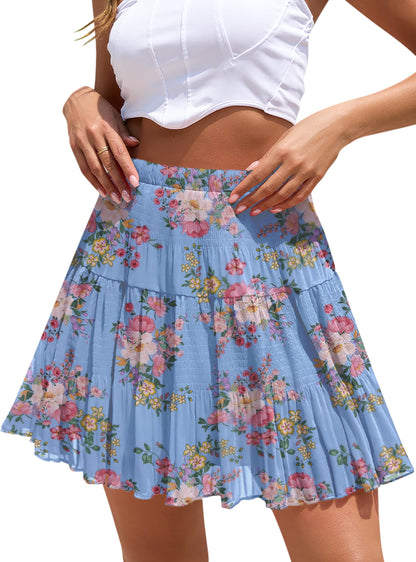 Boho Floral Flowy Mini Skirt Chiffon High Waist Tiered Pleated Short Skirts