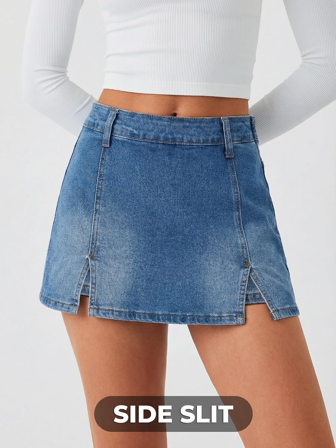 EMMIOL Denim Mini Skirt for Women - Mid Waisted Stretch Side Zipper Skort Y2k Casual Jean Skirts with Shorts Underneath
