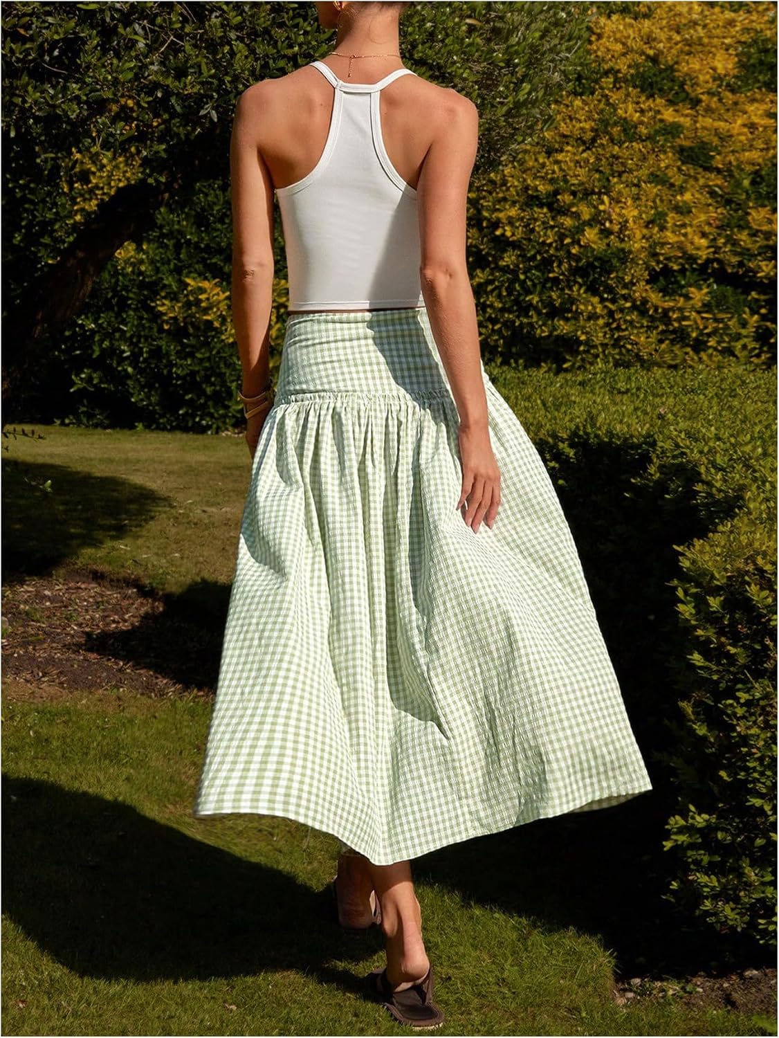 MakeMeChic Women's Plaid Gingham Maxi Skirt Low Waist Flowy Long Skirts