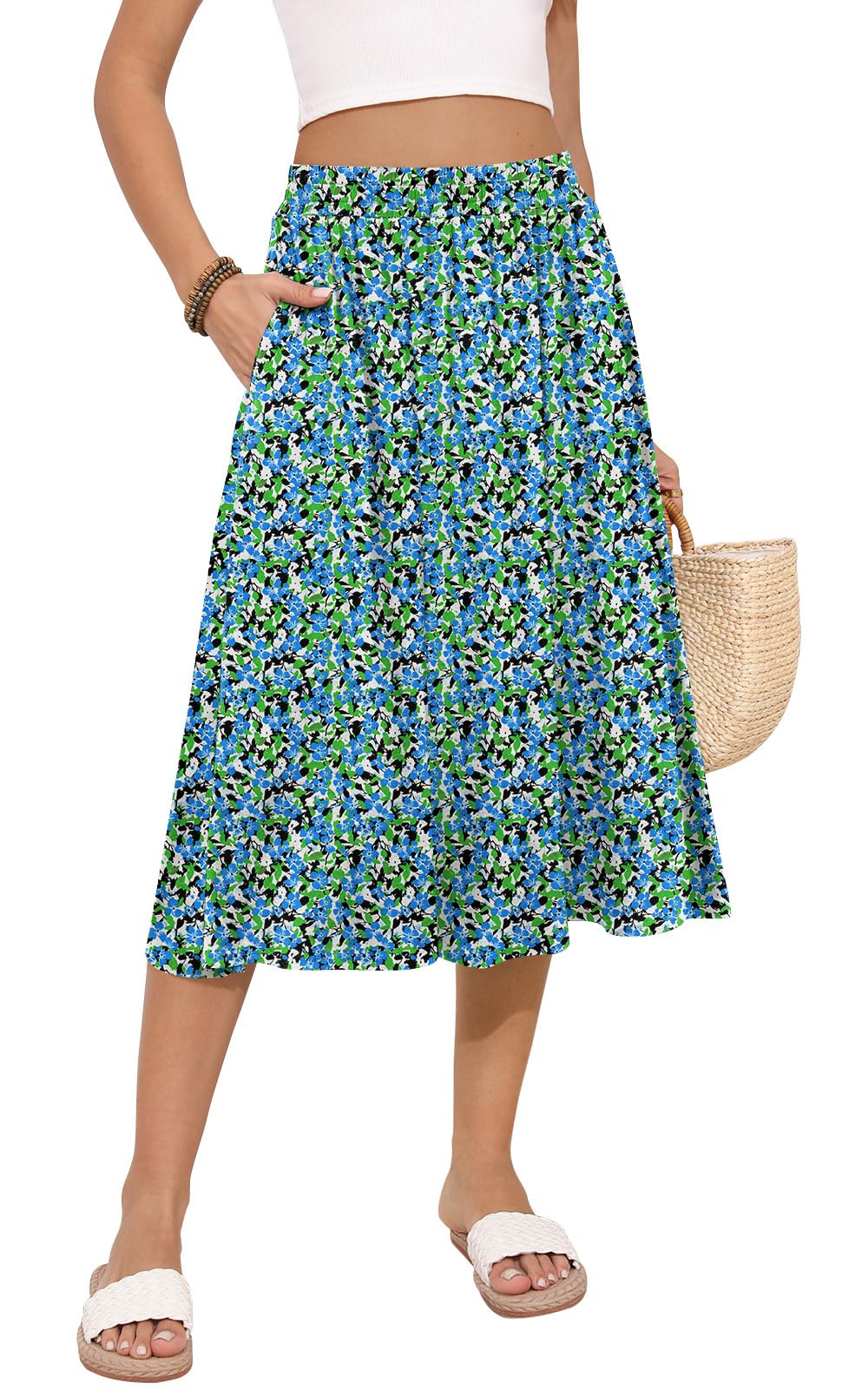 MLXSJ Women's Midi Skirt Summer Flowy Casual Skirts with Pockets S-3XL