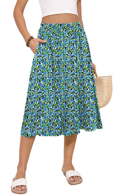 MLXSJ Women's Midi Skirt Summer Flowy Casual Skirts with Pockets S-3XL