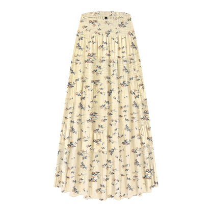 CYiNu Women's Chiffon Elastic High Waist Tiered Pleated Floral Printed A-Line Boho Long Maxi Skirts
