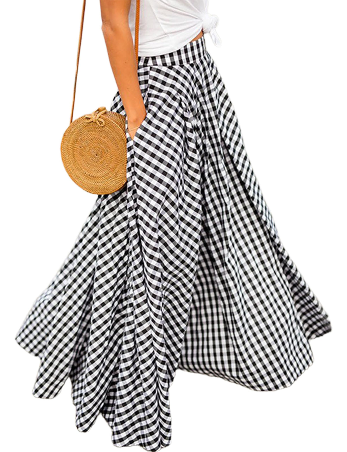 Women's Gingham Plaid Maxi Skirt High Waist A-Line Pleated Long Skirt