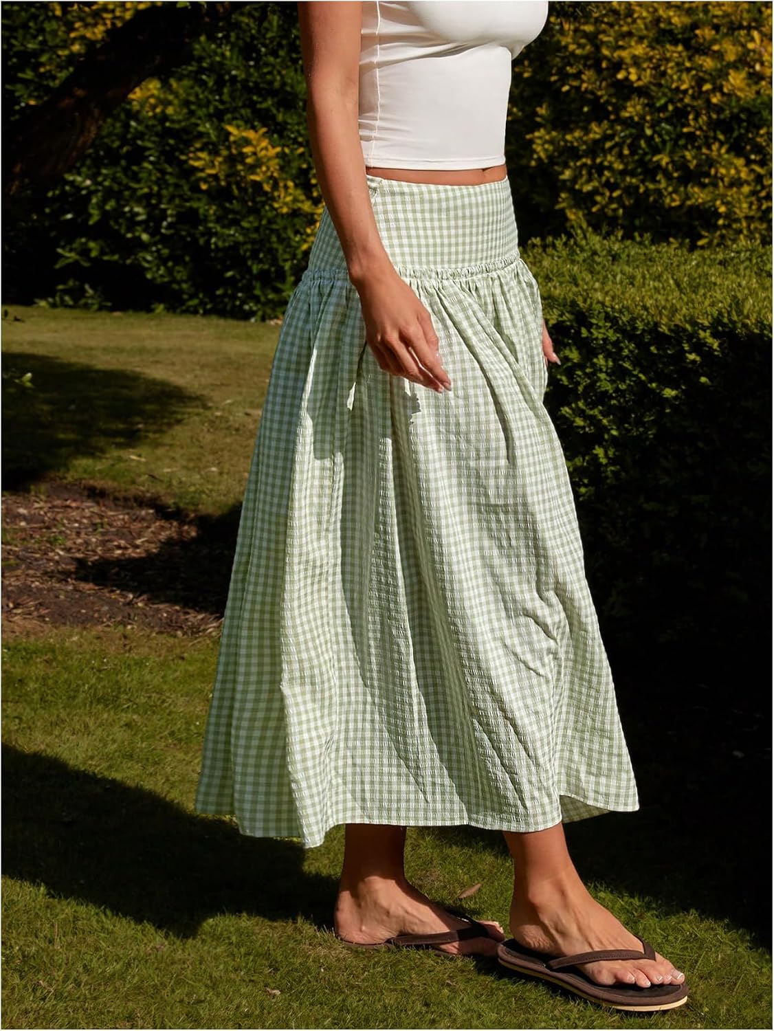 MakeMeChic Women's Plaid Gingham Maxi Skirt Low Waist Flowy Long Skirts