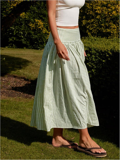MakeMeChic Women's Plaid Gingham Maxi Skirt Low Waist Flowy Long Skirts
