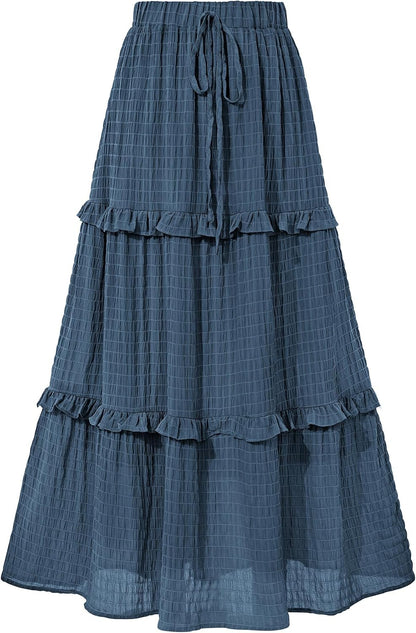BTFBM Casual Solid Maxi Skirt Fall Clothes Flared A-Line Skirts for Women