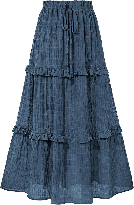 BTFBM Casual Solid Maxi Skirt Fall Clothes Flared A-Line Skirts for Women