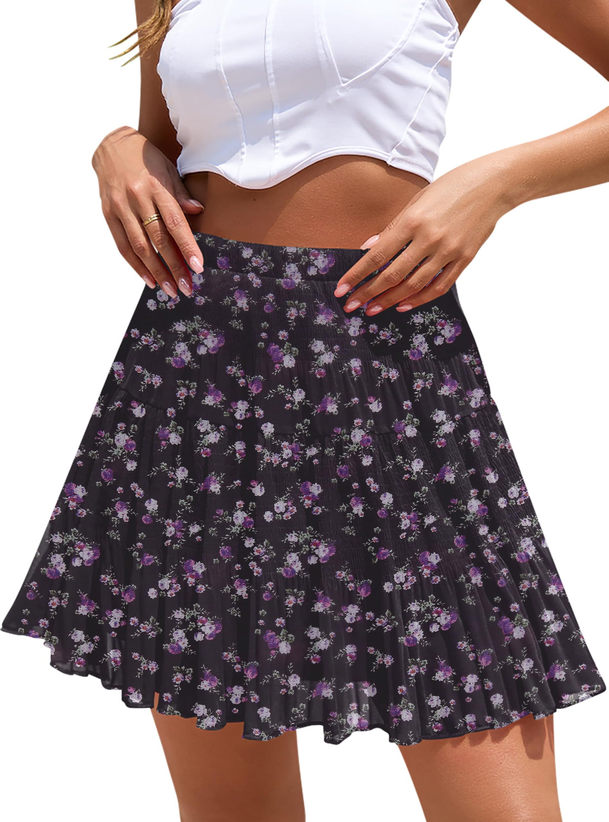 Boho Floral Flowy Mini Skirt Chiffon High Waist Tiered Pleated Short Skirts