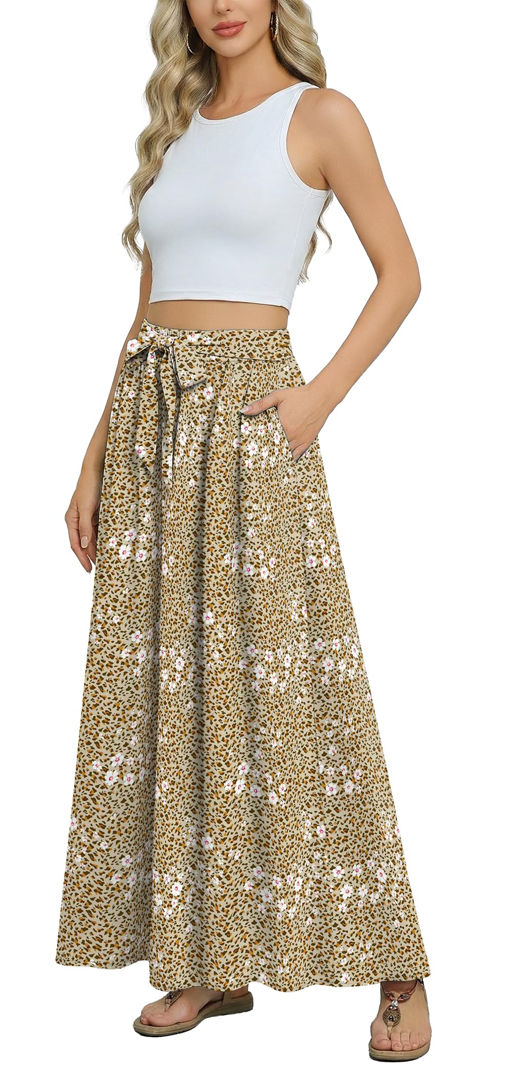 Askyes Womens Maxi Skirt Summer Trendy Tie Knot Elastic High Waisted Boho Casual Beach Flowy Swing Long Skirts with Pockets