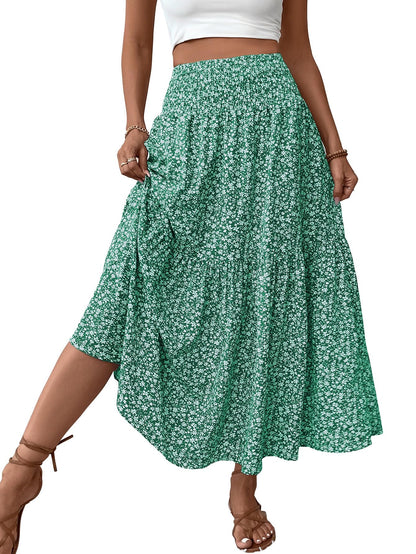 Women's Boho Maxi Skirt Floral Smocked High Waist Long Skirts with Pockets