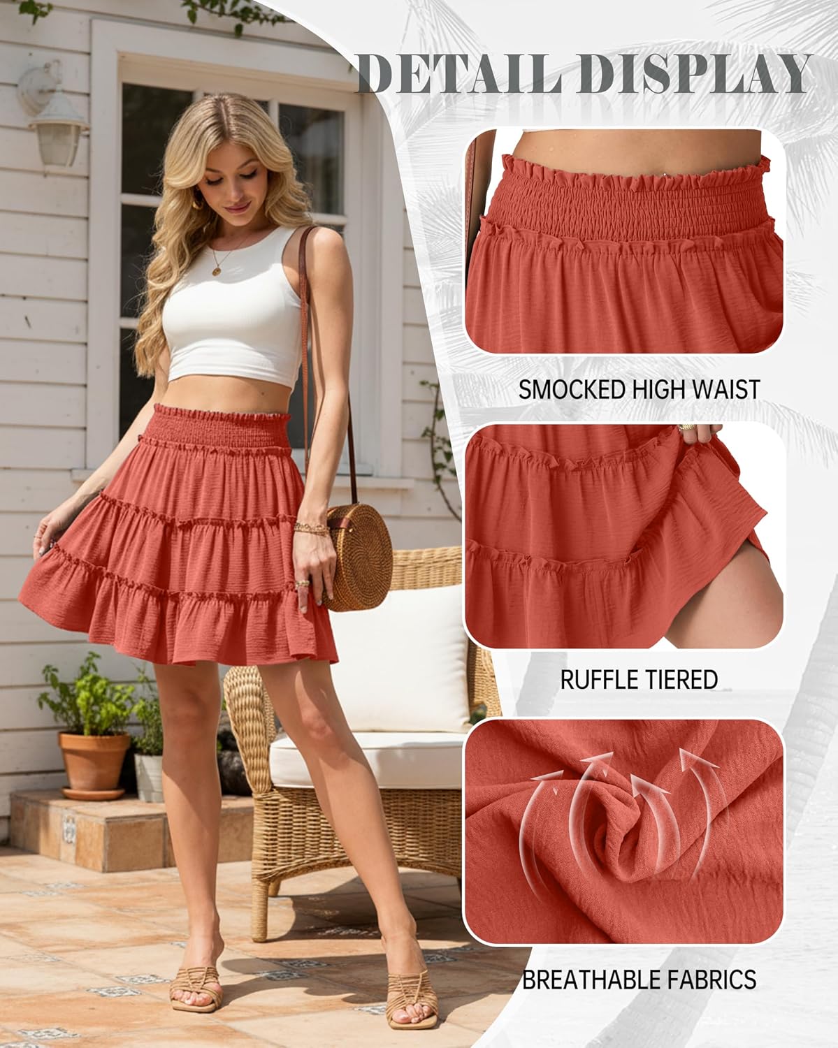 Lepunuo Women's High Waisted Tiered Smocked Ruffle Mini Skirt