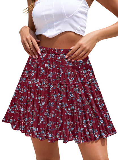 Boho Floral Flowy Mini Skirt Chiffon High Waist Tiered Pleated Short Skirts