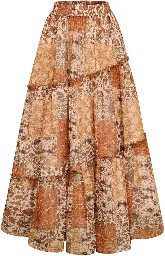 Scarlet Darkness Patchwork Tiered Maxi Renaissance Boho Skirt with Pockets