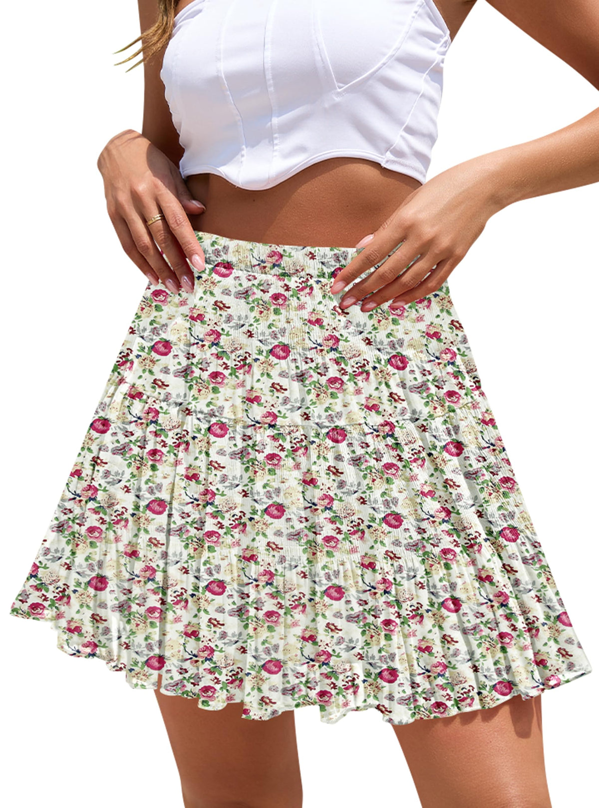 Boho Floral Flowy Mini Skirt Chiffon High Waist Tiered Pleated Short Skirts