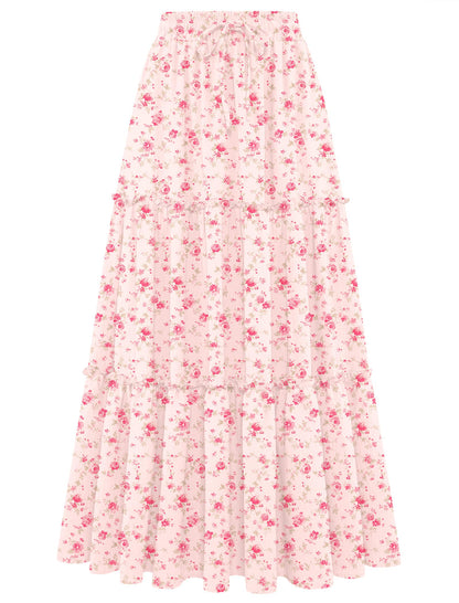 Arolina Women's Summer Maxi Skirt Trendy High Waist Pleated Ruffle Long Skirts Flowy Beach Boho Skirt Dress with Pockets