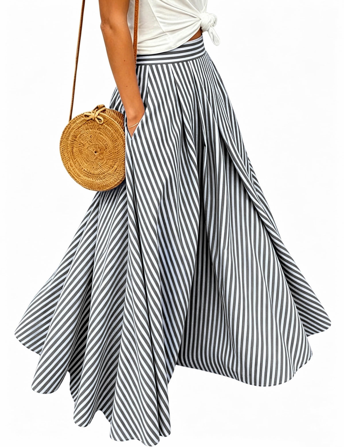 Women's Gingham Plaid Maxi Skirt High Waist A-Line Pleated Long Skirt