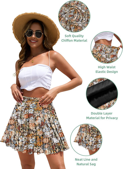 Boho Floral Flowy Mini Skirt Chiffon High Waist Tiered Pleated Short Skirts