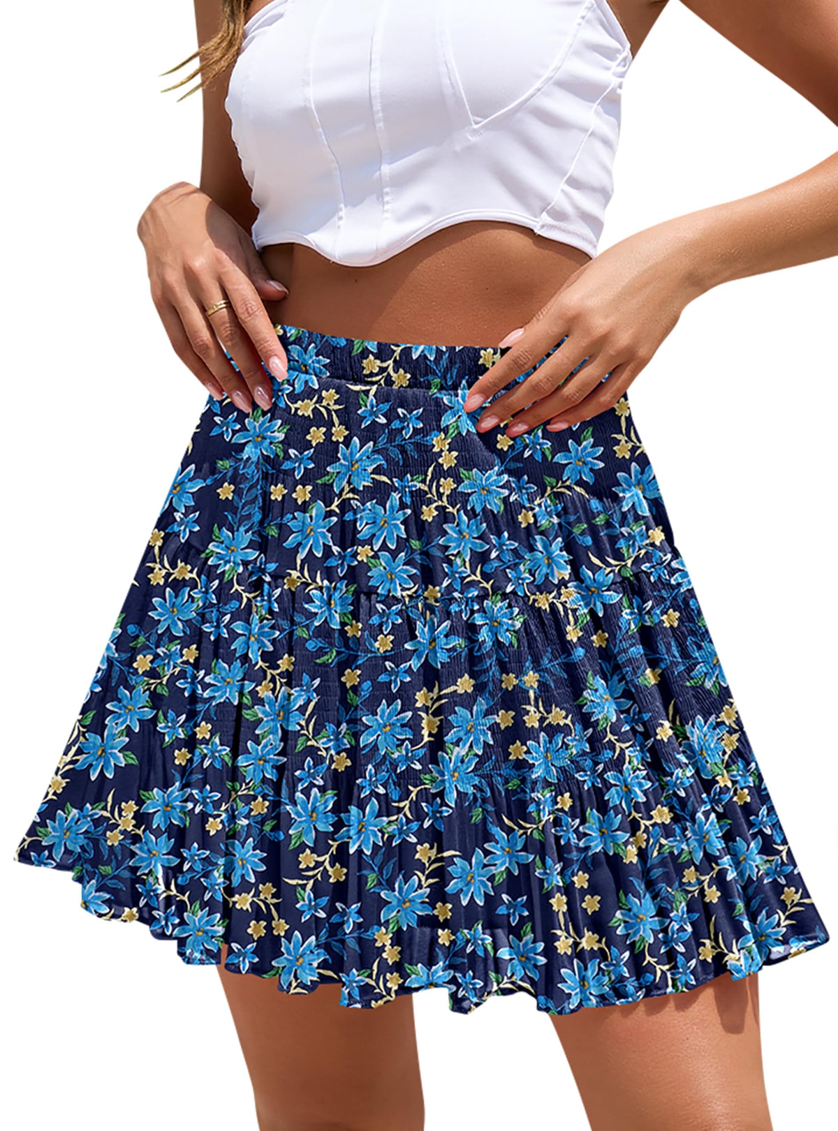 Boho Floral Flowy Mini Skirt Chiffon High Waist Tiered Pleated Short Skirts