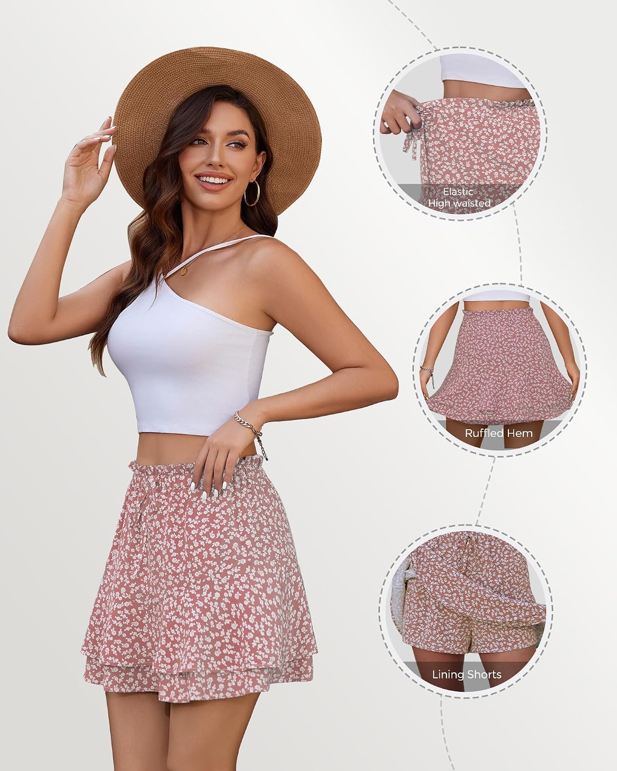 Mini Skirts Skorts for Women Floral with Pocket Flowy Chiffon Ruffle Skorts Boho Casual Beach Skirt with Shorts Underneath