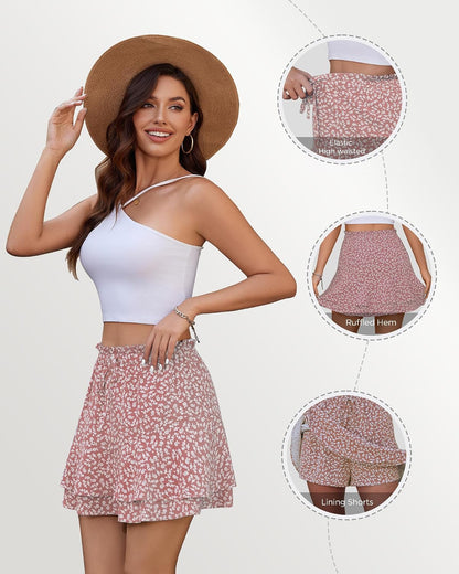 Mini Skirts Skorts for Women Floral with Pocket Flowy Chiffon Ruffle Skorts Boho Casual Beach Skirt with Shorts Underneath
