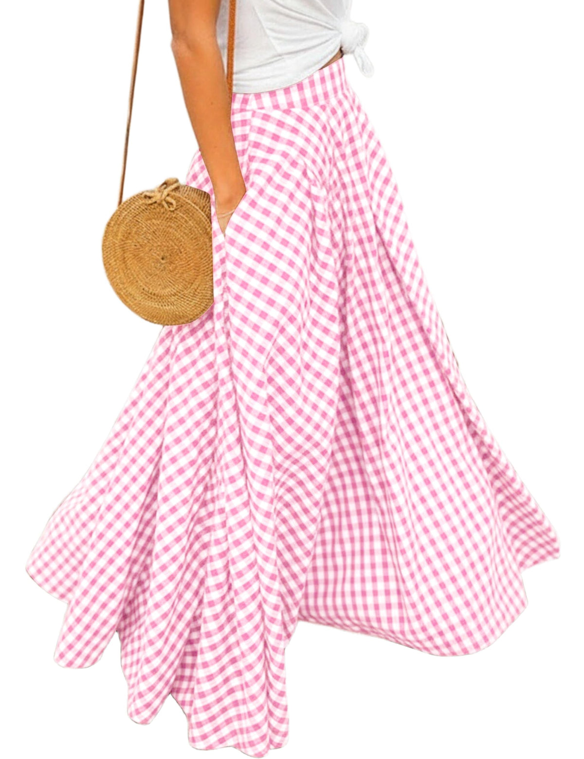 Women's Gingham Plaid Maxi Skirt High Waist A-Line Pleated Long Skirt