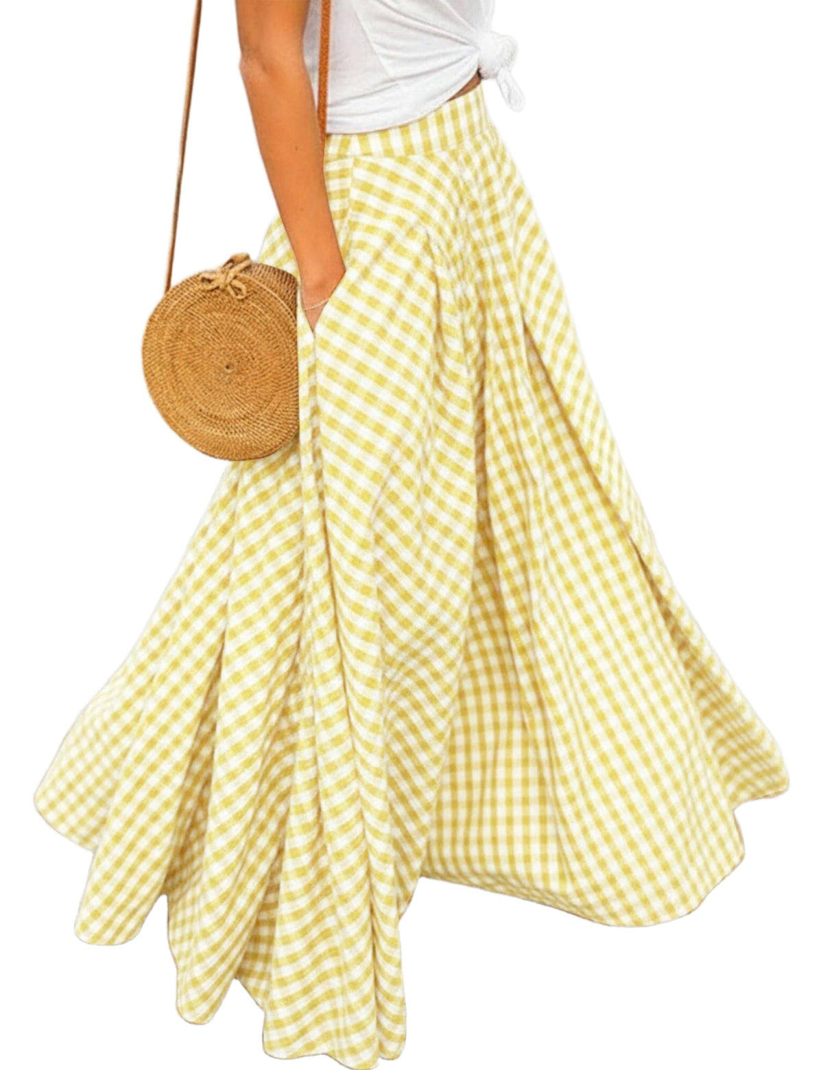 Women's Gingham Plaid Maxi Skirt High Waist A-Line Pleated Long Skirt