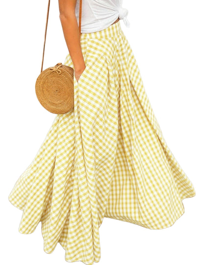 Women's Gingham Plaid Maxi Skirt High Waist A-Line Pleated Long Skirt