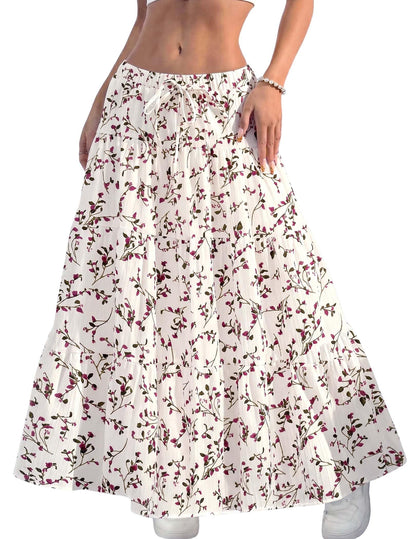 DERAX Women's Boho Flowy White Maxi Skirt Ruffle Elastic Waist Long Skirts