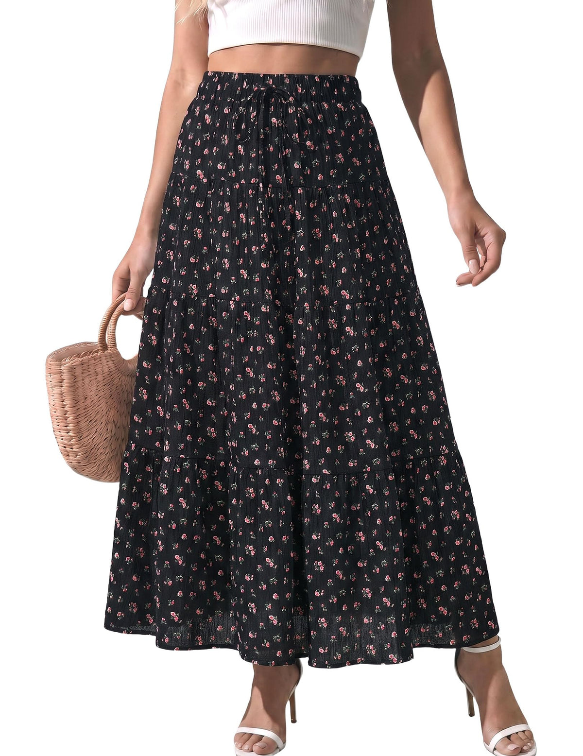 DERAX Women's Boho Flowy White Maxi Skirt Ruffle Elastic Waist Long Skirts