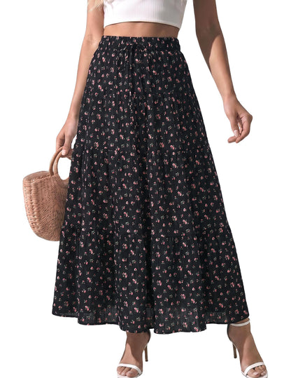 DERAX Women's Boho Flowy White Maxi Skirt Ruffle Elastic Waist Long Skirts