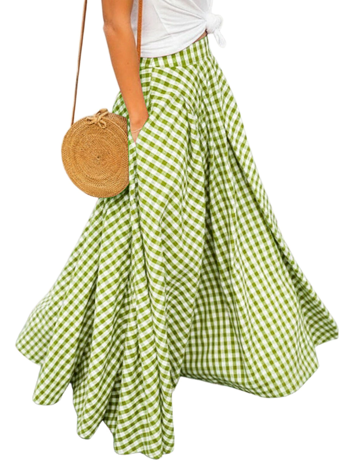 Women's Gingham Plaid Maxi Skirt High Waist A-Line Pleated Long Skirt