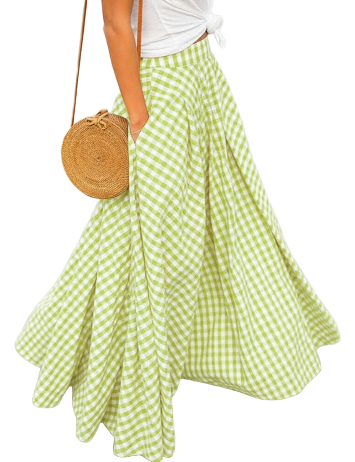 Women's Gingham Plaid Maxi Skirt High Waist A-Line Pleated Long Skirt