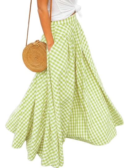 Women's Gingham Plaid Maxi Skirt High Waist A-Line Pleated Long Skirt