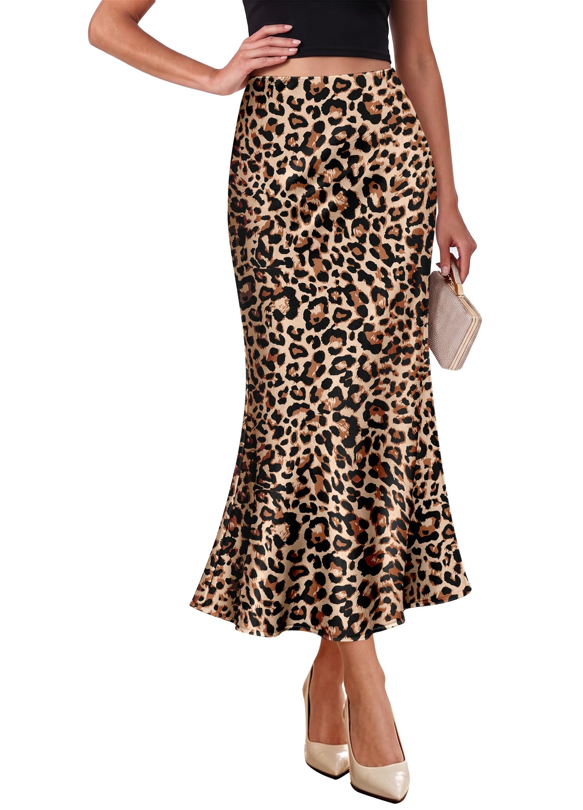 OFEEFAN Stain Skirts for Women Elegant High Waist Cocktail Party Midi Skirt