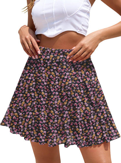 Boho Floral Flowy Mini Skirt Chiffon High Waist Tiered Pleated Short Skirts