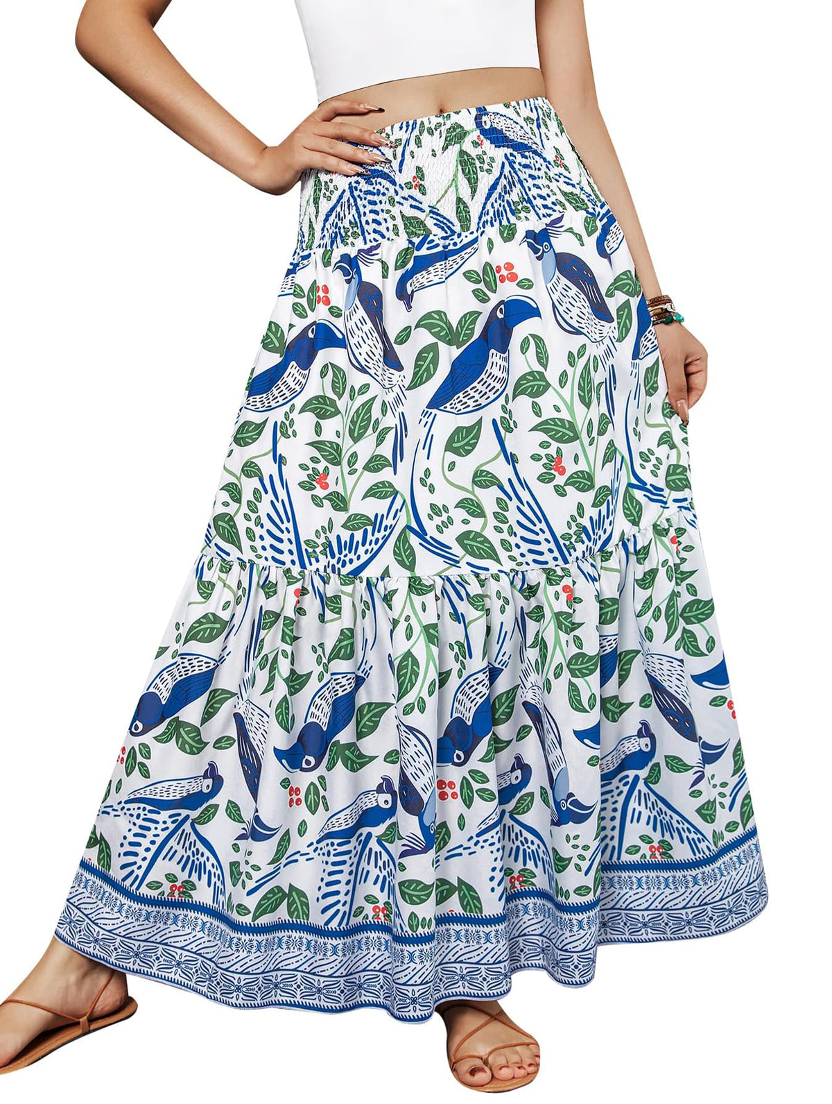 Women's Boho Maxi Skirt Floral Smocked High Waist Long Skirts with Pockets