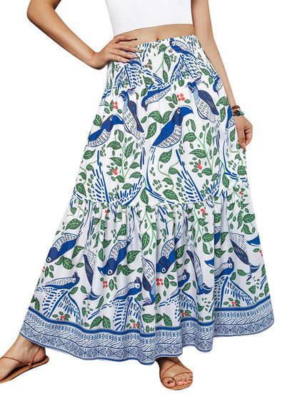 Women's Boho Maxi Skirt Floral Smocked High Waist Long Skirts with Pockets