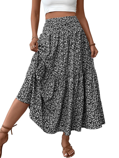 Women's Boho Maxi Skirt Floral Smocked High Waist Long Skirts with Pockets