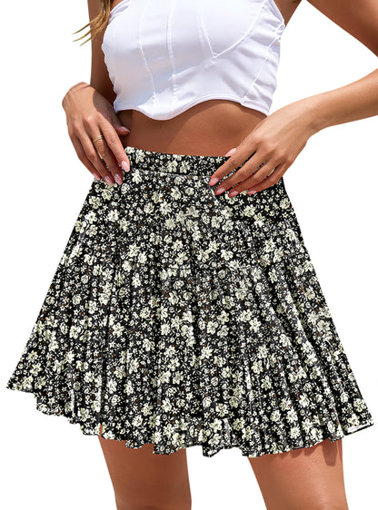 Boho Floral Flowy Mini Skirt Chiffon High Waist Tiered Pleated Short Skirts