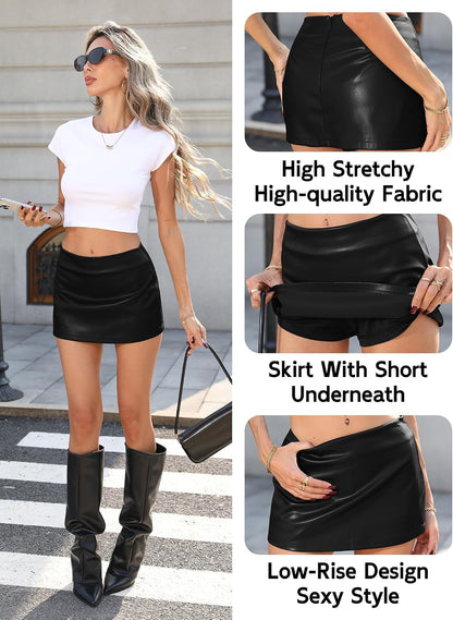 ELLEVEN Low Rise Mini Leather Skirt with Shorts for Women