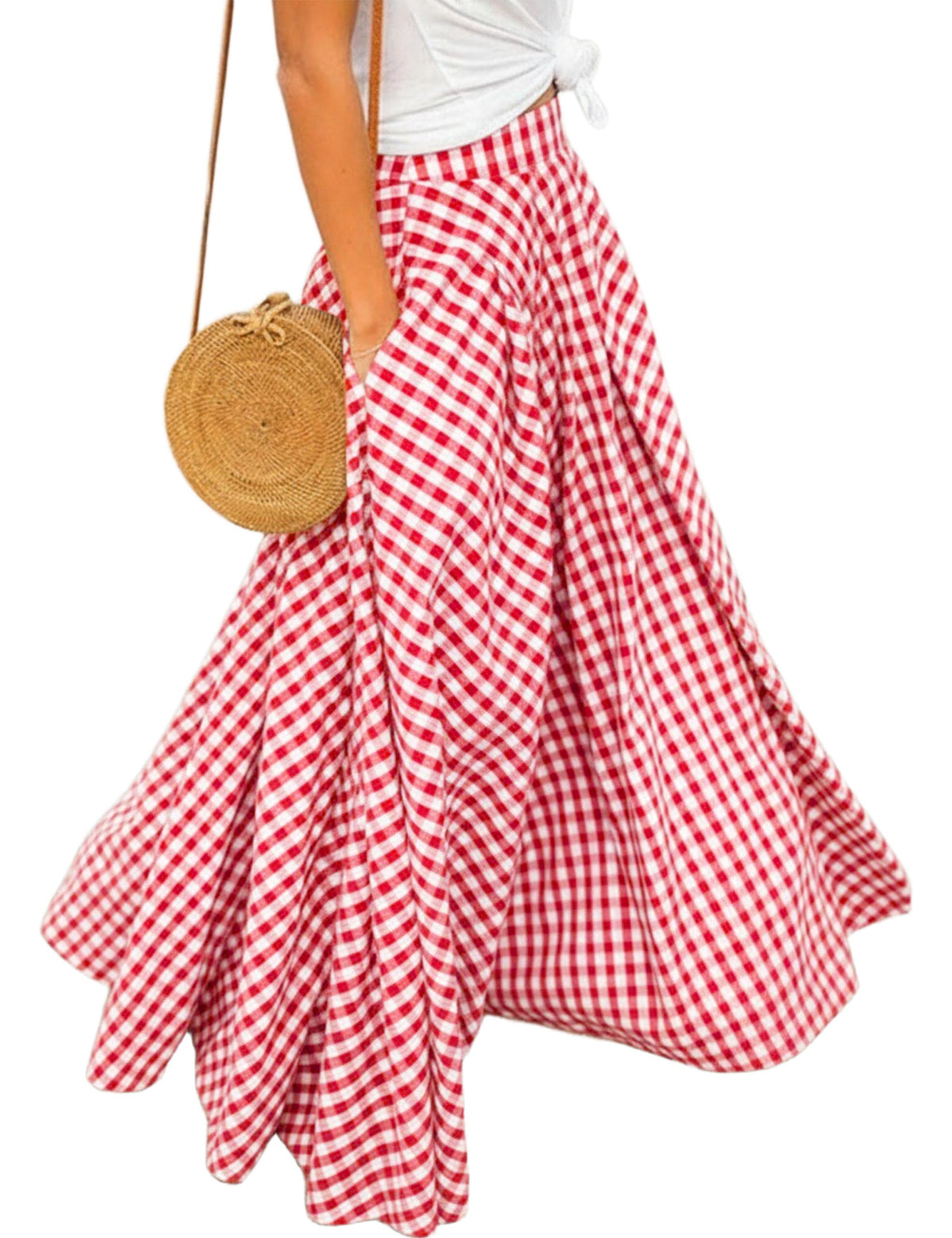 Women's Gingham Plaid Maxi Skirt High Waist A-Line Pleated Long Skirt